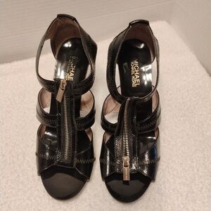 Michael Kors Black Leather Sandals – Size 9M – Chic with Front Zipper